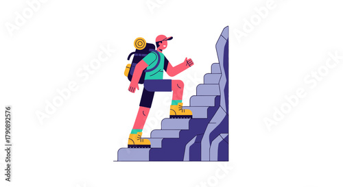 Cartoon Traveler Ascending Staircase To Conquer The Terrain And Overcome Challenges