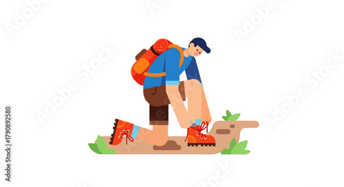 Cartoon Traveler Adjusting Hiking Boots Before Embarking on A Journey or Adventure