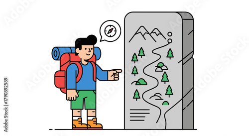 Cartoon Traveler Consulting Map With Compass Discussing Directional Navigation Planning Trip