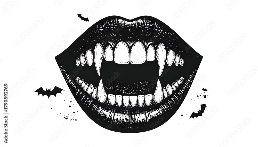 Naklejka premium Monochrome drawing of a vampire's open mouth with sharp teeth and bats flying around it