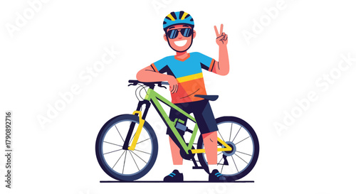 Cheerful Cyclist On Mountain Bike Makes Gesture, Black Background, Smiling and Enjoying