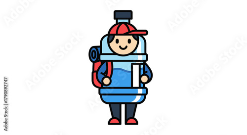 Cartoon Traveler in Water Bottle Costume with Backpack on a Black Background