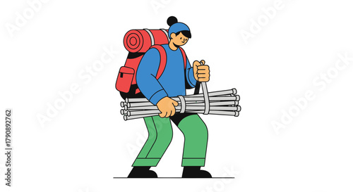Cartoon Traveler With Backpack and Bundles Walking Against a stark Black Background