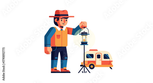 Cartoon Traveler Holding a Lantern in Front of a Camper on a Black Background