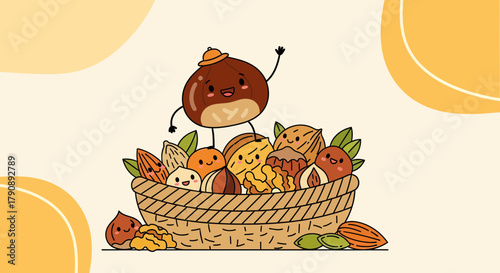 Cheerful Nuts And Seeds Basket With Animated Cartoon Elements And Decorative Design