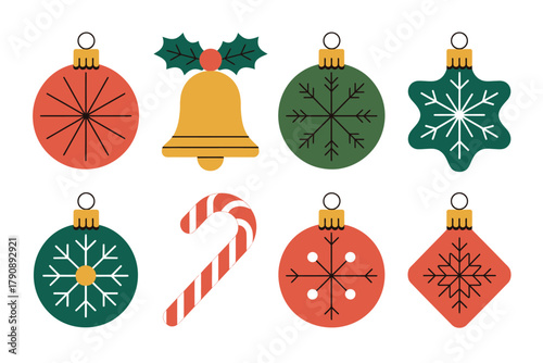 A collection of festive Christmas ornaments, including a bell, candy cane, and various patterned baubles, are displayed.