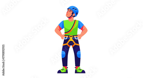Cartoon Young Man Wearing Climbing Gear Ready to Start Adventures On Black Background