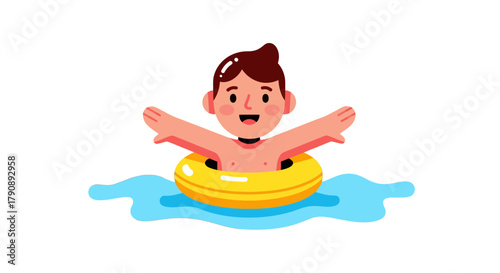 Cartoon Youngster Enjoying Swimming, Floated in Bright Yellow Ring within Water Fun and Happiness