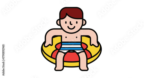 Cartoon Youngster Enjoying Recreational Time Afloat On An Inflatable In Black Background