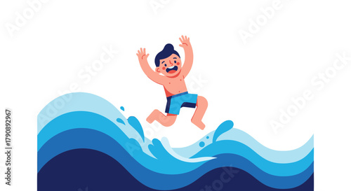 Cartoon Youngster Leaping From the Waves, Summer Joy and Refreshment