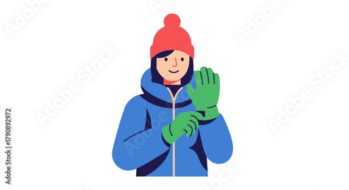 Cartoon Young Woman Wearing Winter Clothes And Putting On Green Gloves For Cold Weather