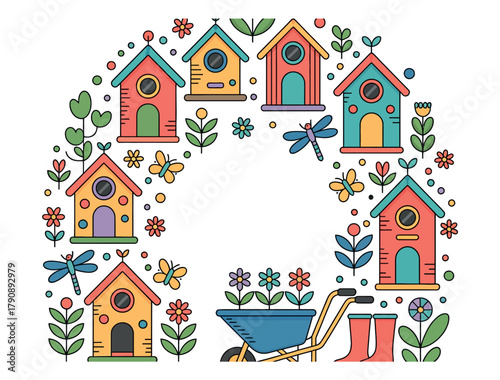 A colorful collection of birdhouses, flowers, and gardening tools arranged in a whimsical arc.