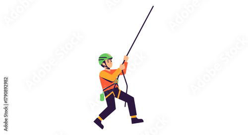 Cartoonish Climber Ascending Upwards With Safety Equipment Against Black Background