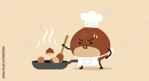 Chef Chestnut Preparing Delicious Food, Cartoon Character Cooking Roasted Chestnuts