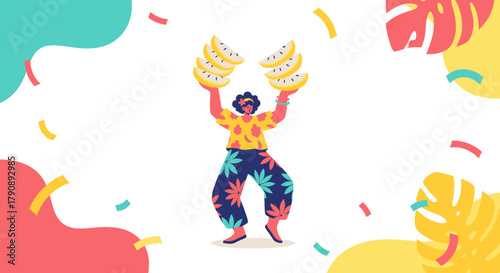 Cartoonish Character Celebrating With Sliced Fruit And Conceptual Colorful Decoration