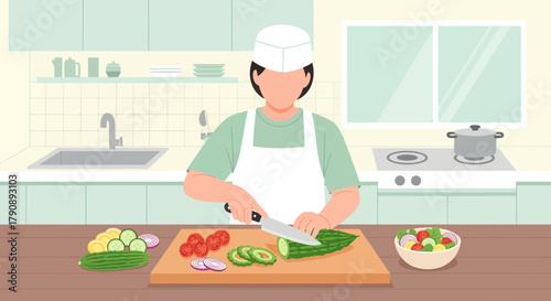 Chef Prepares Fresh Salad Ingredients in a Bright, Modern Kitchen Interior Illustration