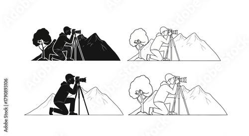 A photographer using a tripod to capture mountain landscapes in different views