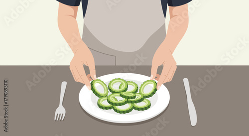 Chef Prepares Sliced Bitter Melon for Culinary Creation and Healthy Eating