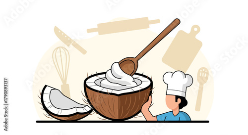 Chef Preparing Creamy Coconut Dessert, Illustration Showing Culinary Process
