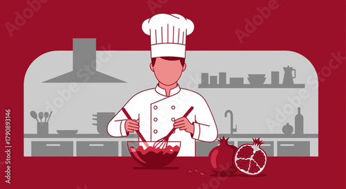 Chef Preparing Culinary Delight in Kitchen, Illustration Of Food and Cooking