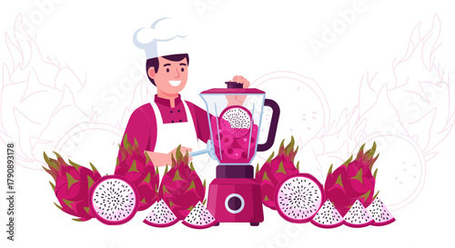 Chef Preparing Delicious Dragon Fruit Smoothie In A Modern Kitchen Illustration