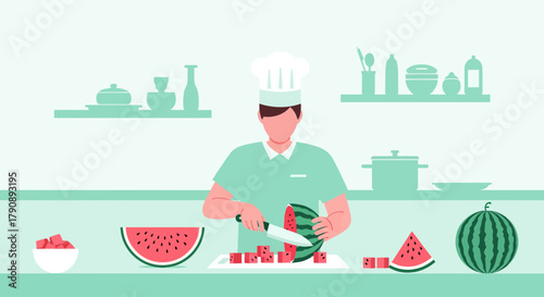 Chef Preparing Delicious Watermelon Dish in Modern Minimalist Kitchen Illustration