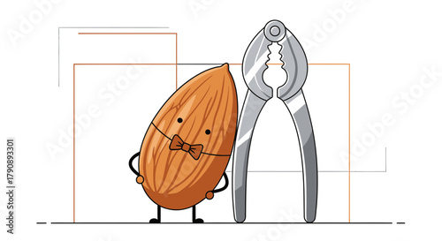 Charming Almond Cartoon Character Next To A Shiny Nutcracker Illustration