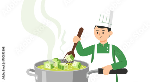 Chef Preparing Okra Stew In a Pot with Steam Emerging with Delightful Composition