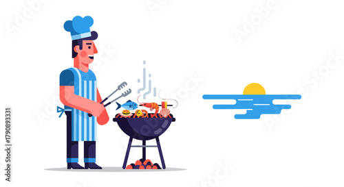 Chef Preparing Seafood on Grill Against Sunset, Vector Illustration Isolated on Black