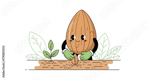 Charming Almond Planting Seed And Nurturing New Sprout In a Whimsical Garden