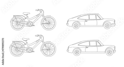 Line art illustration depicting vintage bicycles and classic automobiles side views