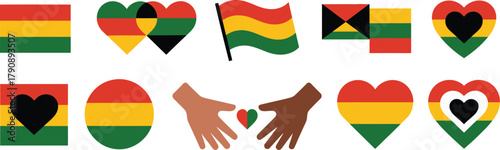Colorful Pan-African vector graphics featuring flags, hearts, and hands in red, yellow, and green, symbolizing heritage, unity, and love in diverse designs
