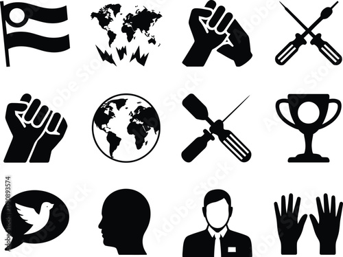A versatile collection of modern graphic symbols depicting diverse concepts of global solidarity, social justice, labor, achievement, and human communication, ideal for professional design projects