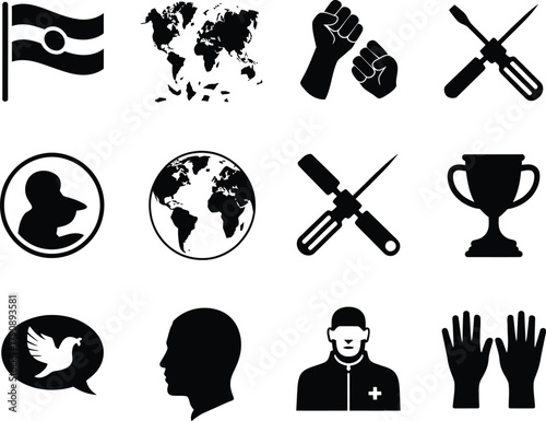 Monochrome glyphs representing diverse concepts from global politics and social protest to manual labor and victory