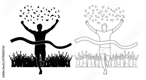 A victorious runner celebrates crossing the finish line with confetti falling