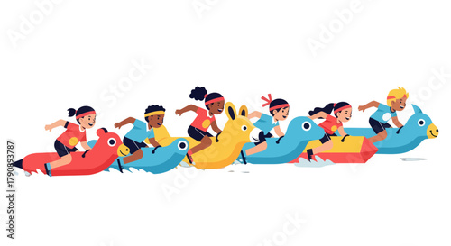 Children Competing In A Playful, Colorful Race On Animated Animal Floats