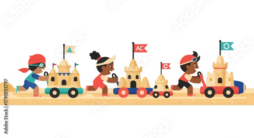 Children Building Sandcastles on Wheels Enjoying Beach Fun Against a Black Backdrop