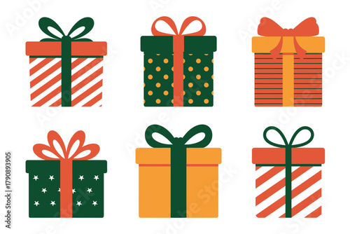 A collection of six festive gift boxes with colorful ribbons are arranged in two rows on a white background.