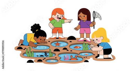 Children Exploring Aquatic Life in a Colorful Illustration Under a Sky of Darkness