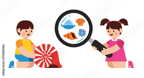 Children Exploring Marine Life Through Magnifying Glass Depicting Seashells