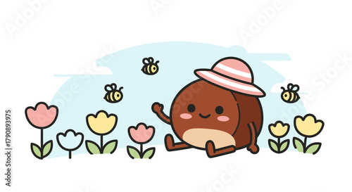 Charming Nut Character Relaxing Amongst Flowers And Bees In A Pastoral Setting