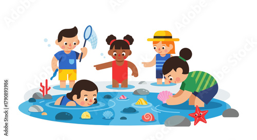 Children Exploring Tide Pools Together and Enjoying a Relaxing Summer Day Outdoors