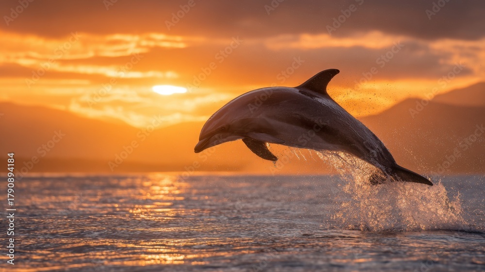 Obraz premium A dolphin jumps out of the water creating a splash as the sun sets on the horizon. The sky is painted in warm hues enhancing the peaceful coastal scene.
