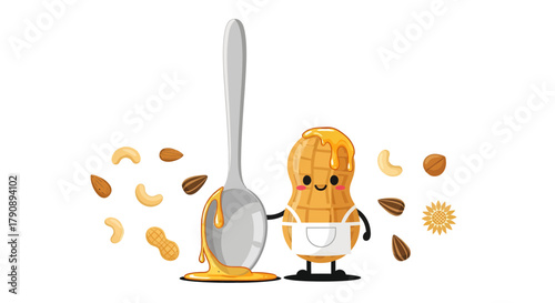 Charming Peanut Character Presenting Honey and Nuts For Healthy Snack and Kitchen Illustration