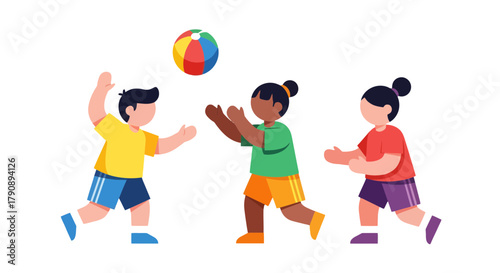 Children Playing Volleyball, Joyful Scene of Colorful Figures Having Fun Together