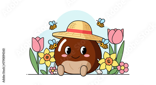 Charming Smiling Chestnut Character in a Straw Hat Surrounded by Blossoms and Bees