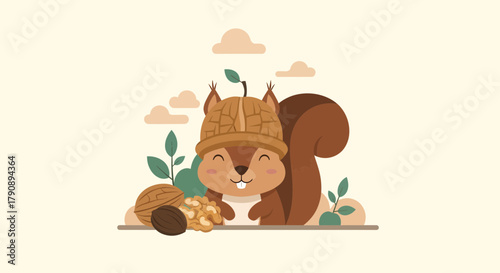 Charming Squirrel With A Nut Hat, Happy With Walnuts And Fresh Green Leaves