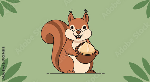 Charming Squirrel Smiling While Holding a Nut Against a Green Pastel Background