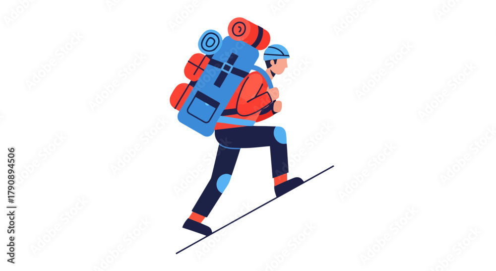 Fototapeta premium Climber Ascending a Steep Slope, Carrying a Overloaded Backpack against a Black Backdrop