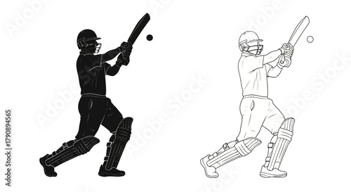 Cricket players in action a black and white illustration of batting